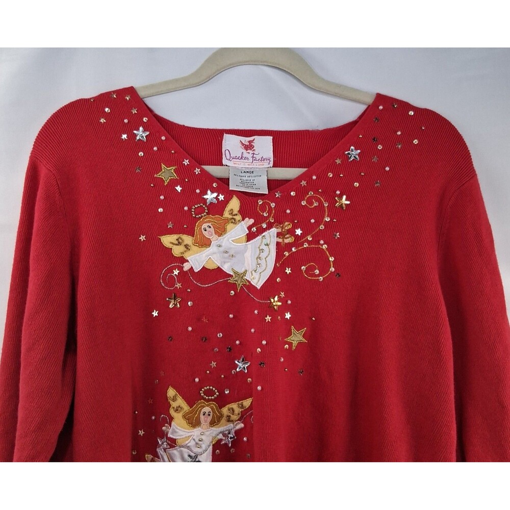 Quacker Factory Women's Red Angel Christmas Embellished V Neck Sweater Size L - Picture 2 of 11